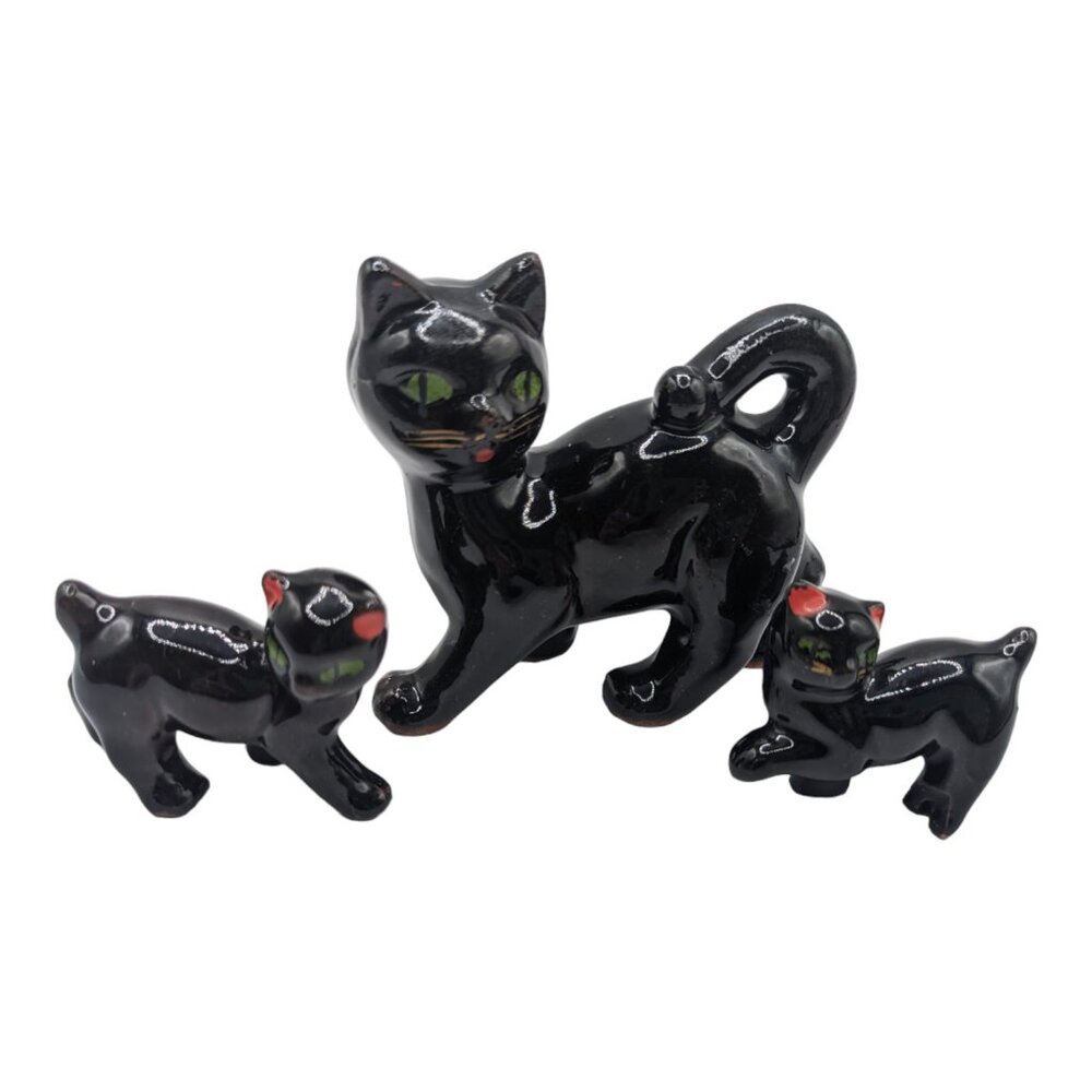 Vintage Ceramic Black Cats Mama with Two Kittens Kitschy Figurines MCM Redware - Picture 12 of 13